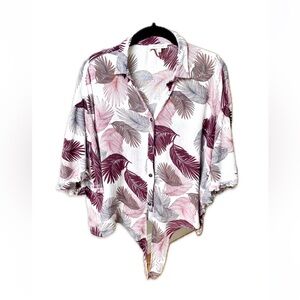 Skies Are Blue Tropical Palm Bat Wing Collared Ruffled Tie Top Size Large